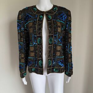 Scalia Paris VTG Silk Beaded Sequin Jacket 90s Boho Art Deco Mob Wife Jacket